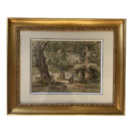 Paul Roux 1874 Landscape Watercolor Woman and Child Walking in Forest