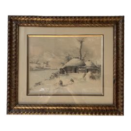Custom Framed Painting of Snowblanketed Home on the River