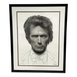 Original Artwork Black + White Charcoal Drawing of Clint Eastwood, Signed + Dated 2007