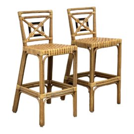 McGuire Barbara Barry Style Target Back Caning + Bamboo Bar Stools, a Pair