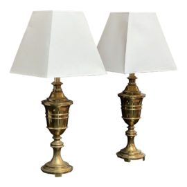 Vintage Brass Table Lamps + Trapezoid Shades, a Pair