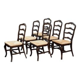 English Country Furniture Wood Chairs + Rush Seats, Set of Six