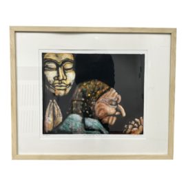 Margie Burke Signed 'Old Woman and Buddha' Framed Monoprint