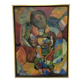 1975 Jovines Signed Abstract Painting of Smiling Woman