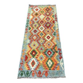 NEW Pakistani Kilim Runner Rug With Blue Background - 2′5″ × 6′5″. Original Price: $450