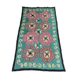 Vintage Uzbekistan Double Flowers Silk on Cotton Green Suzani