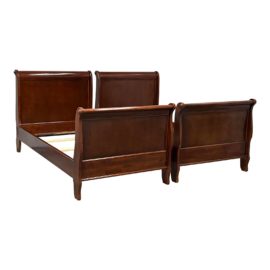 Twin Size 1990's Bombay & Company Double Twin Mahogany Bed Frames, a Pair