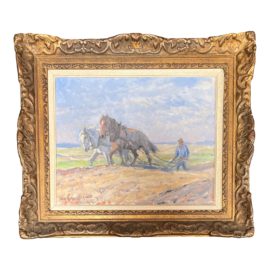 Alex Langlet Team of Horses at Labor, Oil Painting, Sweden C.1944