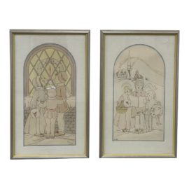 Vintage Artworks of Holiday Carolers, a Pair