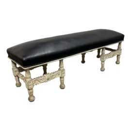 Custom English Bleached Black Leather Seating Bench