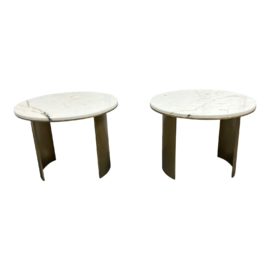 Custom Design Carrera Marble Side Tables + Brass Bases, a Pair