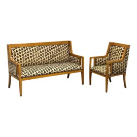 Art Nouveau Burl Wood Veneer Fabric Settee + Side Chair, a Set