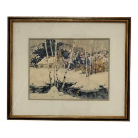Late 20th Century "Birch Trees in Snow" Watercolor Painting