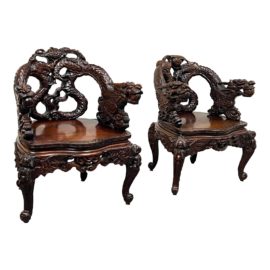 Antique Hand Carved Dragon Chairs, a Pair
