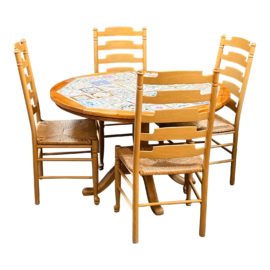 Pulaski Tile Top Oak Dining Table + Four Ladderback Dining Chairs Set