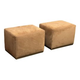 Restoration Hardware Rex Rectangular Camel Leather Ottomans + Brass Base, Pair. Original Price: $2,390