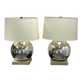 Baker Furniture Chrome Sphere, Leather, + Brass Table Lamps, Pair