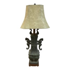 Vintage Asian Verde-Gris Water Serpents Table Lamp in the Style of Marbro