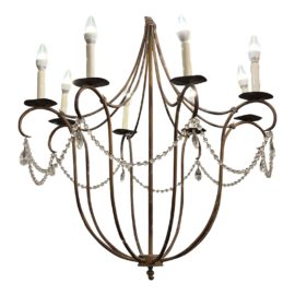 Vintage 8 Arm Wrought Iron + Crystal Chandelier