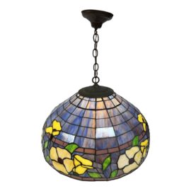 Vintage Tiffany-Style Blue Floral Stained Glass Pendent