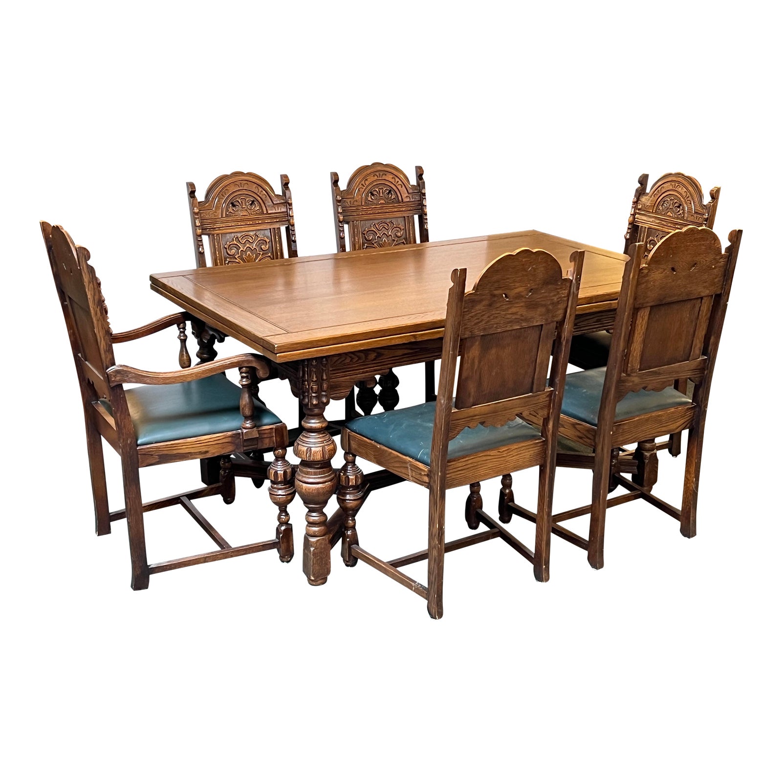 Vintage Jacobean Style Extension Table + Six Chairs Dining Set