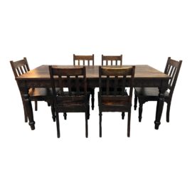 Mid 20th Century Gothic Carved Wood Dining Table + Six Chairs Set