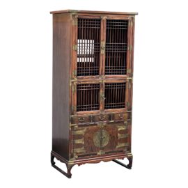 Vintage Korean Two-Piece Display Cabinet With Latticed Mullions