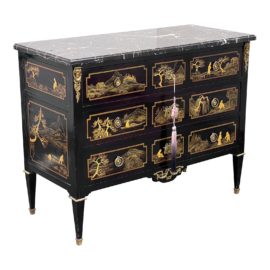 Vintage Chinoiserie Black Lacquer Marble Top Three Drawer Dresser