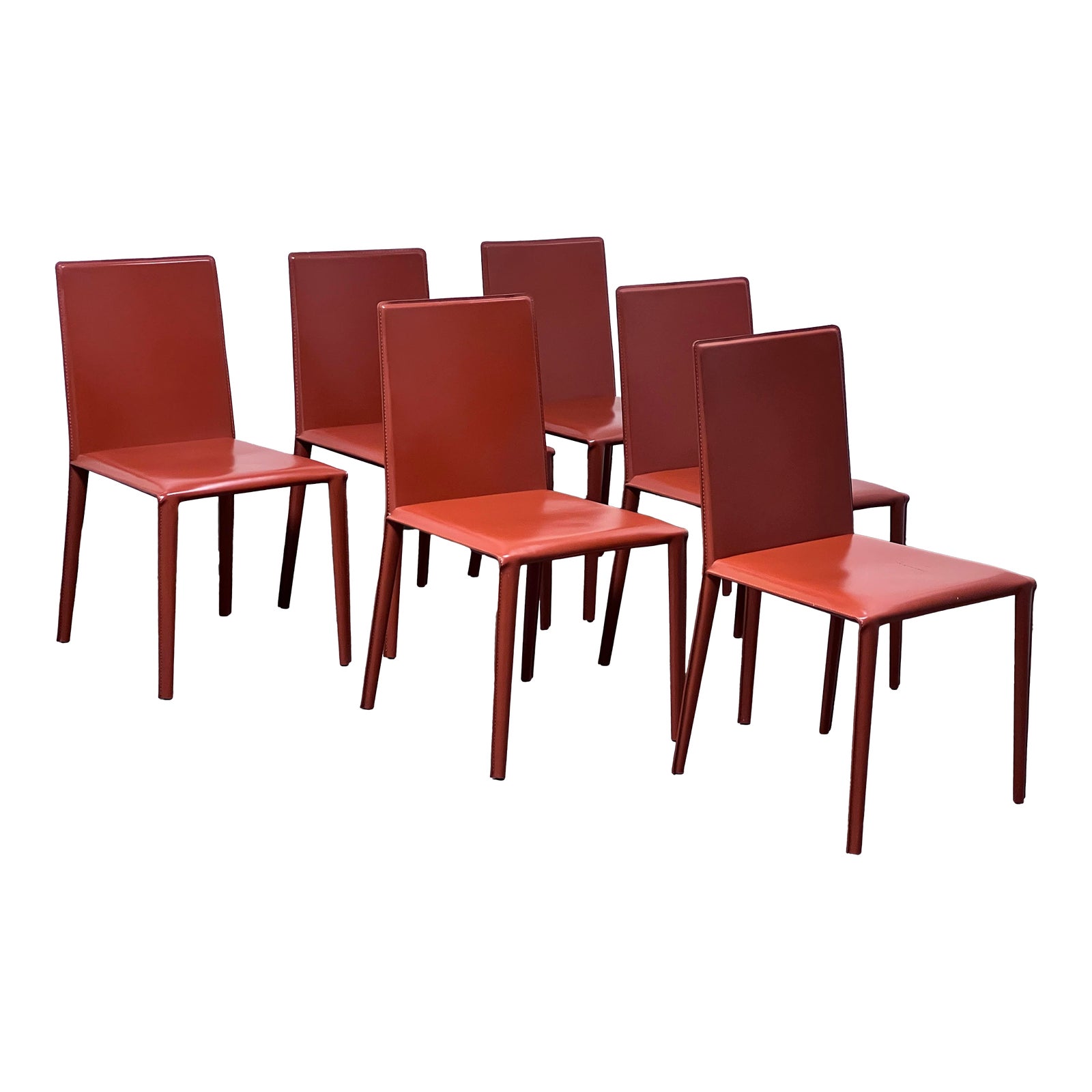 Arper Norma Brick Red Leather Dining Chairs, Set of Six. Original
