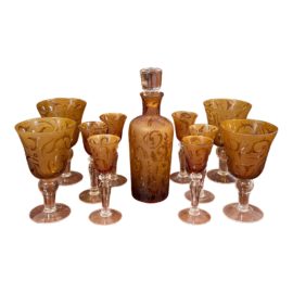 Vintage Decanter + Glass Ware Set, Eleven Pieces Total