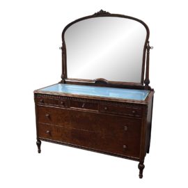 Antique Mahogany Carved Dresser With Attached Mirror