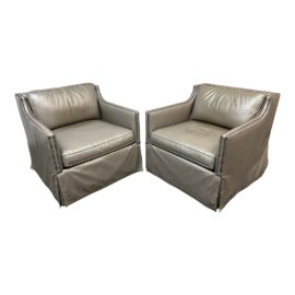 Bernhardt Furniture Classic Club Leather Swivel Chairs, a Pair
