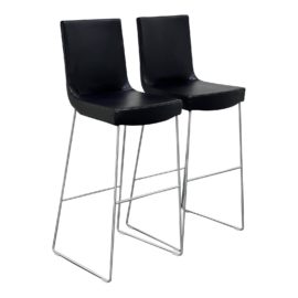 Contemporary Black Leather Bar Stools, Pair