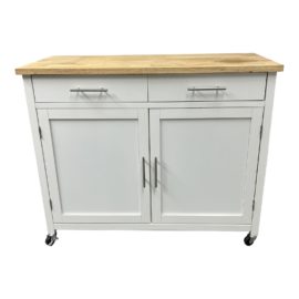 White Rolling Kitchen Cart With Butcher Block Top and Double-Drawer Storage