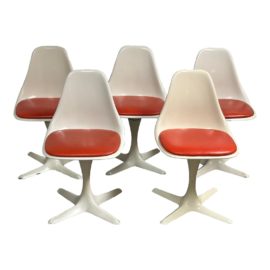 Mid 20th Century Burke Inc White + Red Sarrinnen Style Tulip Chairs, Set of 5