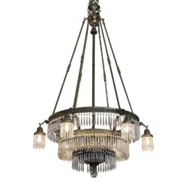 Antique Six Light Three Tier Crystal + Bronze Chandelier