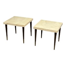 Johnson Furniture Co. Paul Frankl Lacquered Goatskin Parchment Side Tables, a Pair
