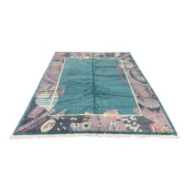 Tibetan/Nepalese Hand Knotted Crazy Border Aqua Rug - 8′9″ × 11′7″