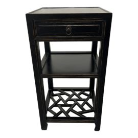 Antiqued Black Lacquer Finish Three Tier Side Table With Single Drawer. Original Price: $2,000
