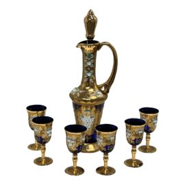 Murano Italy Glass 24k Gold Decanter + Six Wine Glasses, Set. Original Price: $4,220