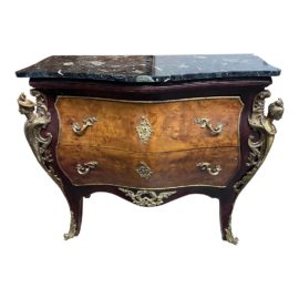 Mid 20th Century Marble, Mahogany + Burl Bombe Chest With Mounted, Inlaid Ormolu