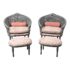 French Provincial Gray Lacquered Wrapped Cane Chairs + Ottomans, Pairs