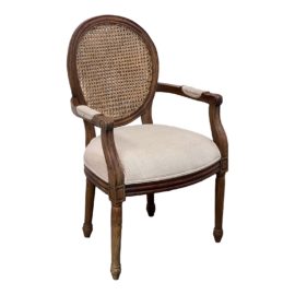 Louis XVI Style French Caned Back Medallion Arm Chair + Chenille Upholstery