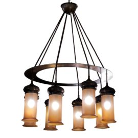 Custom Rustic Design Antique Brass Seven Amber Light Lantern Chandelier