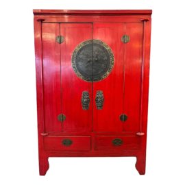 19th Century Asian Bold Red Lacquer Media Cabinet Armoire