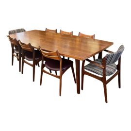 Erik Buch Model 310 Mid 20th Century Dining Chairs for Christiansen Møbelfabrik, Set of Eight + Arne Vodder Century Modern Boat Shaped Dining Table. Original Price: $15,400