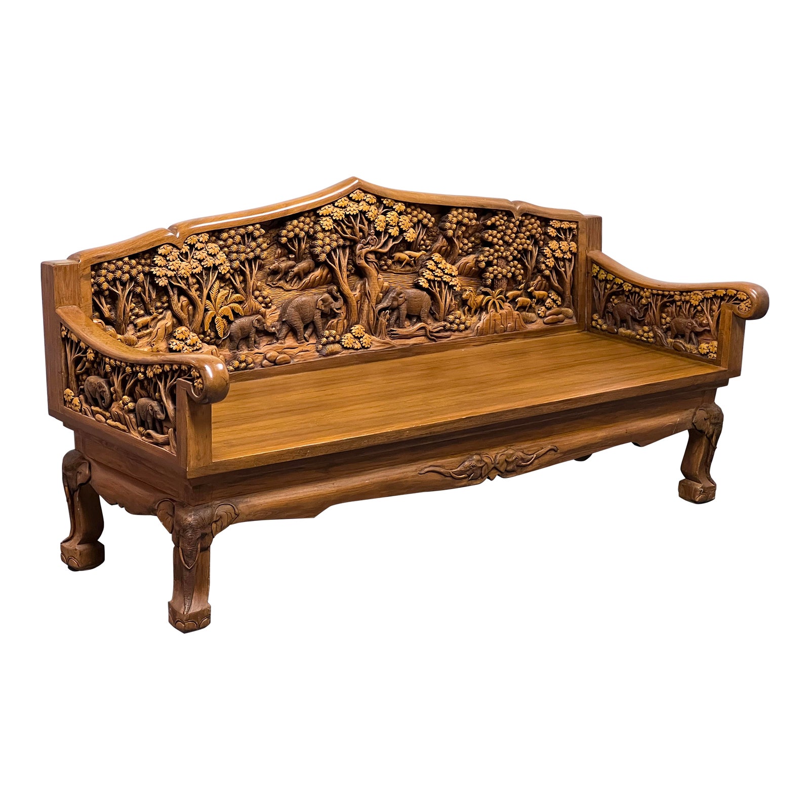 Vintage Bali Teak Wood Hand Carved Loveseat/Sofa/Bench. Original Price:  $7,500 - Design Plus Gallery, image size:1600x1600
