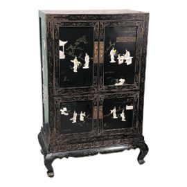 Vintage Black Lacquer Chinese Cabinet With Inlaid Mother of Pearl