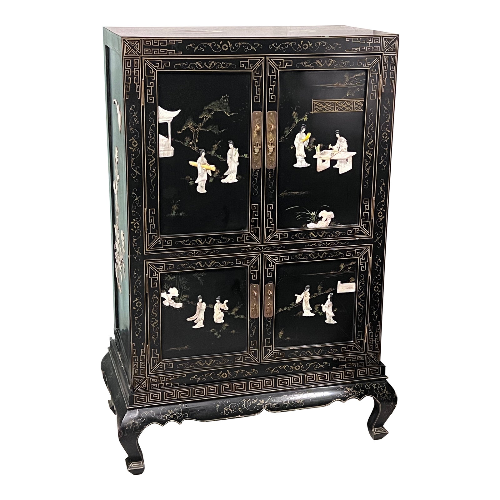 Vintage Black Lacquer Chinese Cabinet With Inlaid Mother of Pearl