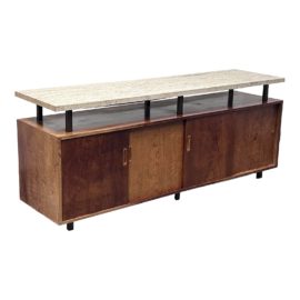 Mid 20th Century Modern Travertine Table Top and Teak Wood Credenza/Media Stand